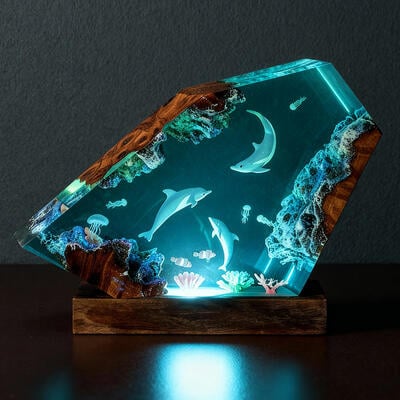 Reslol Stunning Dolphin Family & Jellyfish-Themed Resin Lamp