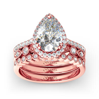 Jeulia 3PC Halo Pear Cut Sterling Silver Ring Set