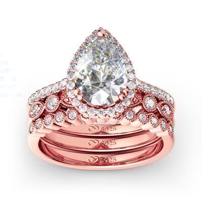 Jeulia 3PC Halo Pear Cut Sterling Silver Ring Set