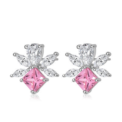 Jeulia Pendientes con diseño de flores de piedra rosa de plata de ley