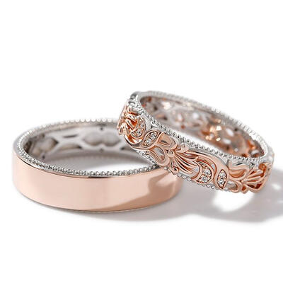 Jeulia Two Tone Floral and Leaf Carved Unique Sterling Silver Band Set