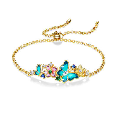 Jeulia Colored Enameled Floral Butterfly Bracelet