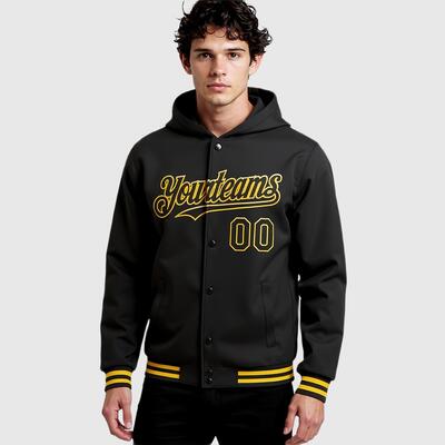 Custom Black Vintage Full-Snap Varsity Letterman Slim-Fit Hoodie Jacket for Weekday Commute