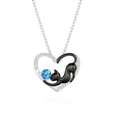 Jeulia Custom Black Cat Heart Necklace with Birthstone