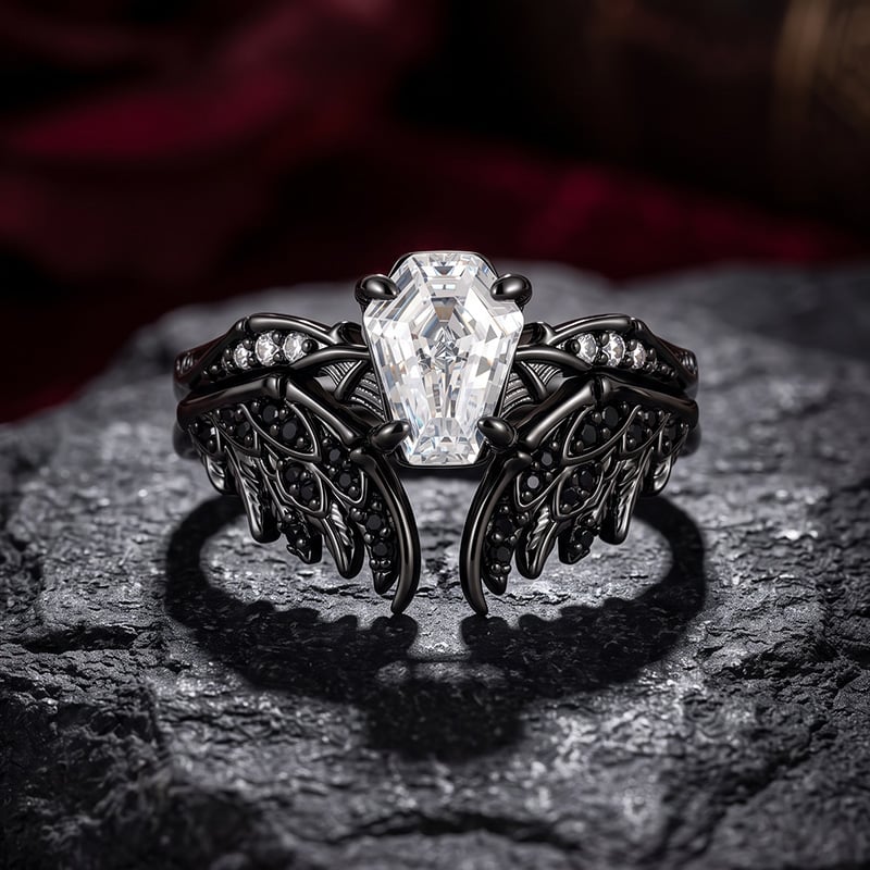 Jeulia Until Death Gothic Coffin Cut Feather Wing Ring Set
