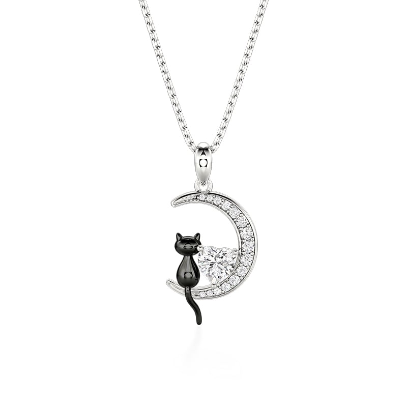 Jeulia Luna Astra Moissanite Heart Stone Black Cat Moon Necklace