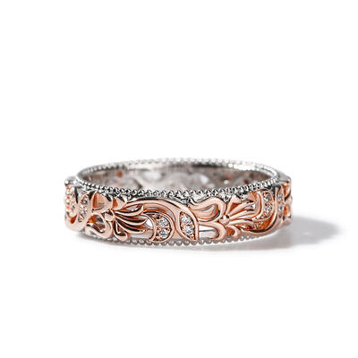 Jeulia Two Tone Floral and Leaf Carved Unique Sterling Silver Women's Band