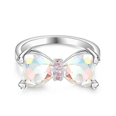 Jeulia Anillo de Compromiso de Corazón de Cristal Vidrio Transparente con Lazo Plata de Ley