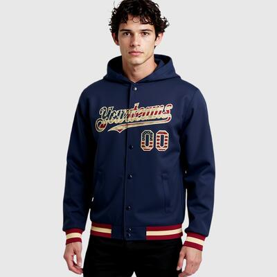 Custom Navy USA Flag Vintage Full-Snap Varsity Letterman Hoodie Jacket for City Walks