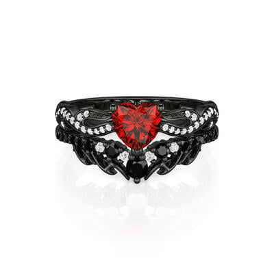 Jeulia Juego de Anillos Nupciales Góticos con Llama y Corona de Corazón Rojo