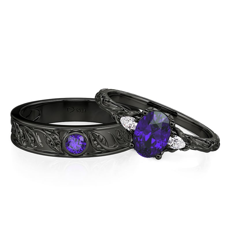 Jeulia Romantic Gothic Black Nature-Inspired Couple Ring Set