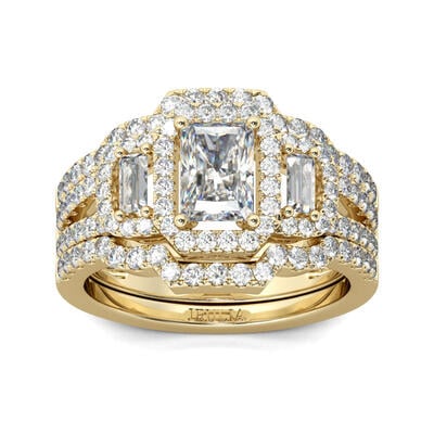 Jeulia Terno De Anillos Con Halo De Tono Dorado De Talla Radiante En Plata De Ley