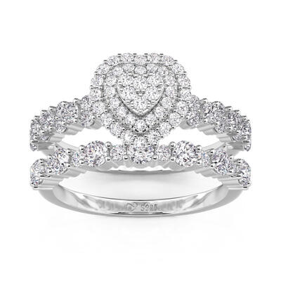Jeulia Juego de Anillos de Compromiso Corazón Doble Halo de Plata de Ley