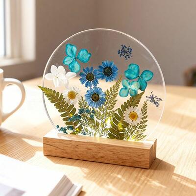 Elegant Floral Resin Lamp – Handcrafted Blue Botanical Night Light   
