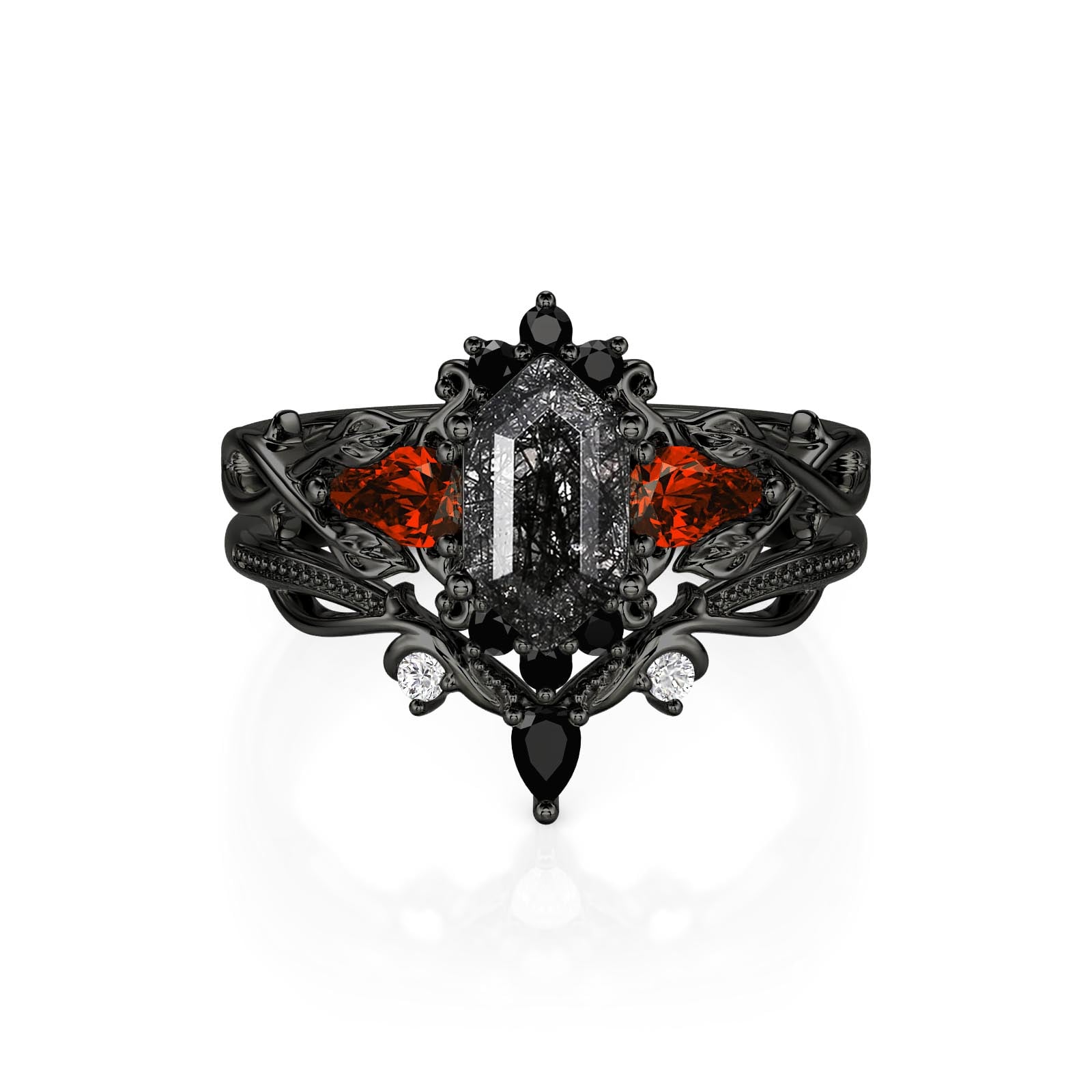 Jeulia Gothic Thorn Hexagon Black Rutilated Quartz Ring Set