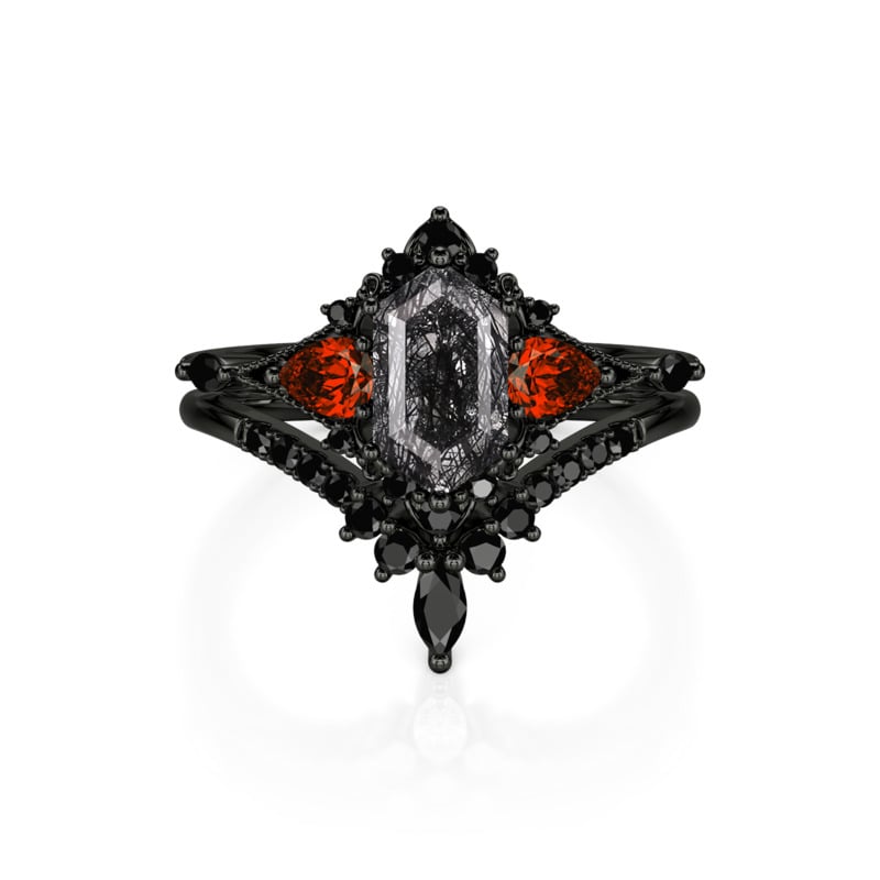 Jeulia Until Death Hexagon Black Rutilated Quartz Ring Set
