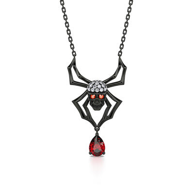 Jeulia Collar negro con araña y calavera de plata de ley