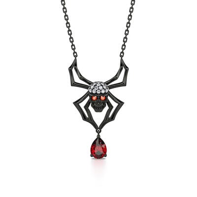 Jeulia Black Tone Spider with Skull Head Sterling Silver Necklace