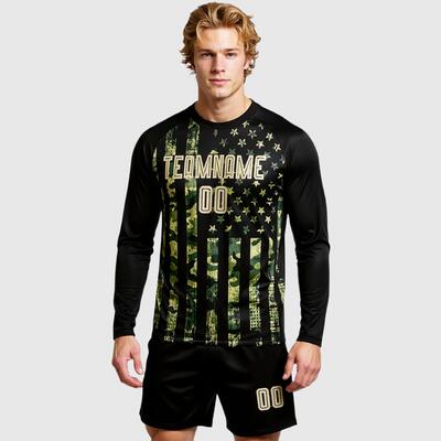 Custom Soccer Uniform Jersey Camo Vegas Gold-Black American Flag Fashion Long Sleeve Sublimation Salute To Service