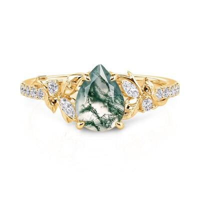 Jeulia Leaf Twisted Moss Agate Ring for Women Sterling Silver
