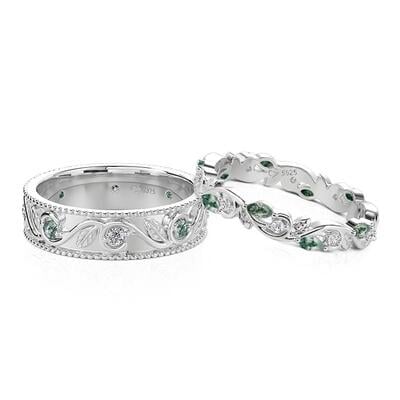 Jeulia Curled Leaf Twist Moss Agate Couple's Ring Set