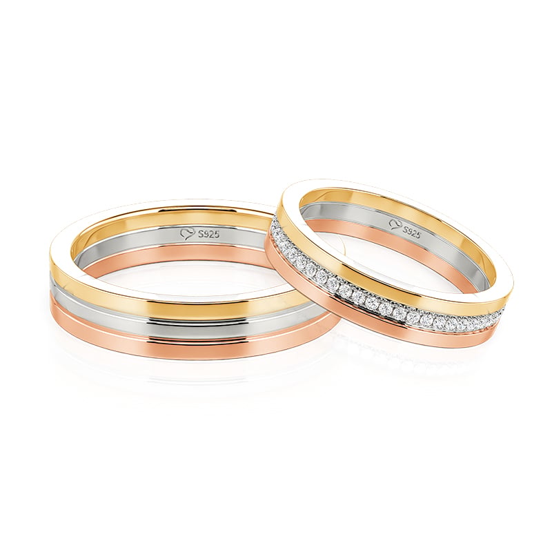 Jeulia Classic Tri-Color Wedding Band Set for Couple
