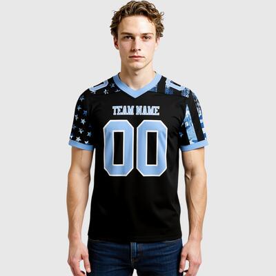 Custom Football Jersey Black Light Blue-White 3D Pattern American Flag Mesh Authentic