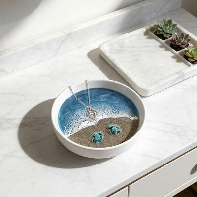 Stunning Ocean-Inspired Resin Jewelry Tray with Sea Turtle & Waves