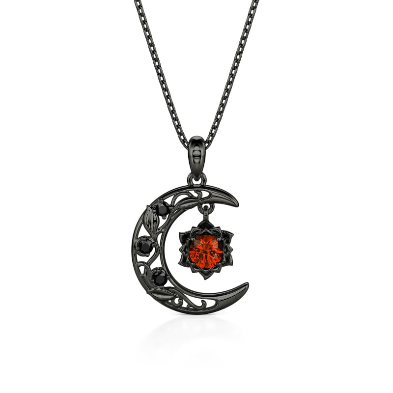 Jeulia Gothic Black Lotus Engraved Floral Moon Necklace