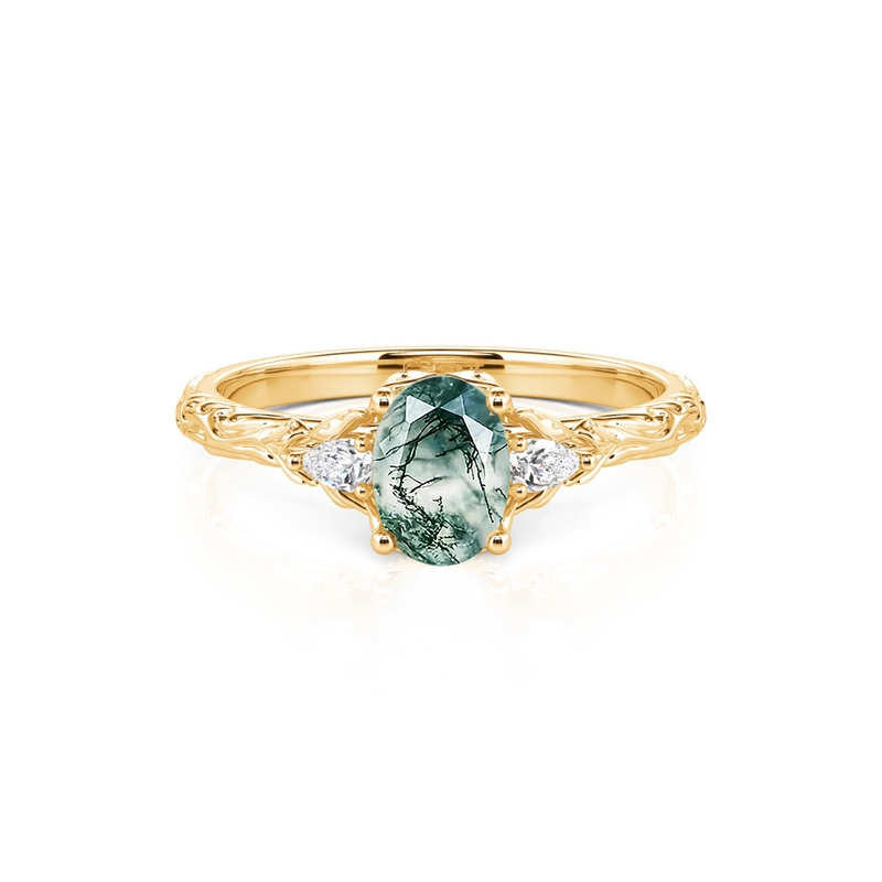 Jeulia Anillo de Boda Oro Ovalado Tres Piedras de Ágata Musgo
