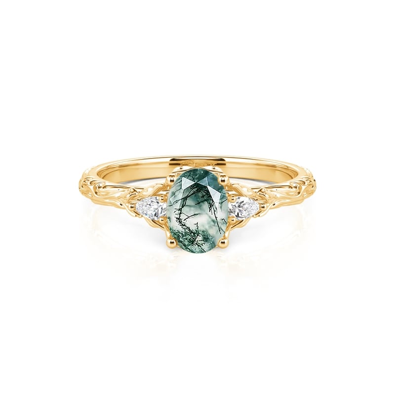 Jeulia Anillo de Boda Oro Ovalado Tres Piedras de Ágata Musgo