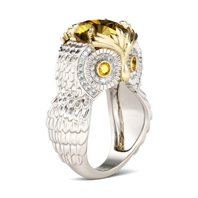 Jeulia Feather Round Cut Sterling Silver Owl Ring