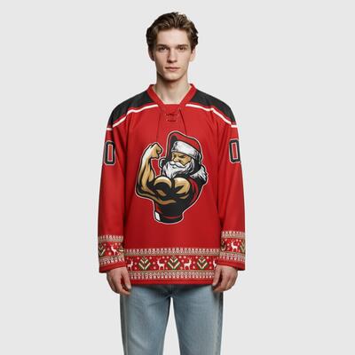 Custom Black Red-White Christmas Santa Claus 3D Hockey Lace Neck Jersey