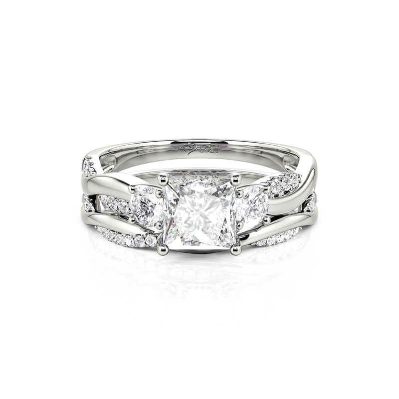 Jeulia Juego de Anillos Tres Piedras Corte Princesa Diseño Trenzado de Plata de Ley