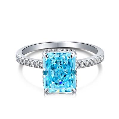 Jeulia Classic Blue Radiant Cut Sterling Silver Ring