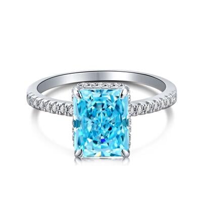 Jeulia Anillo Clásico de Plata de Ley con Corte Radiante Azul