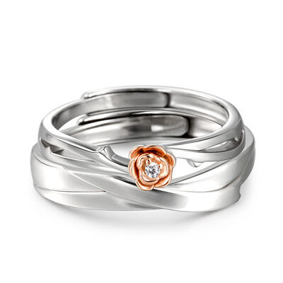 Jeulia Anillos de parejas ajustable con piedra en rosa de plata esterlina