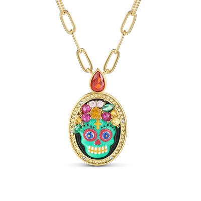 Jeulia "Sugar Bone" Skull Enamel Sterling Silver Necklace