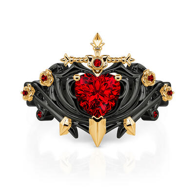 Jeulia Red Heart Sword Ring with Black Thorn Band