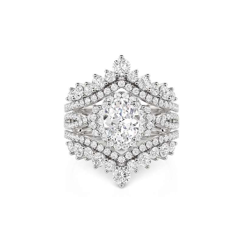 Jeulia Juego de Anillos de Novia Oval Halo Trenzado con Realce en Forma de V