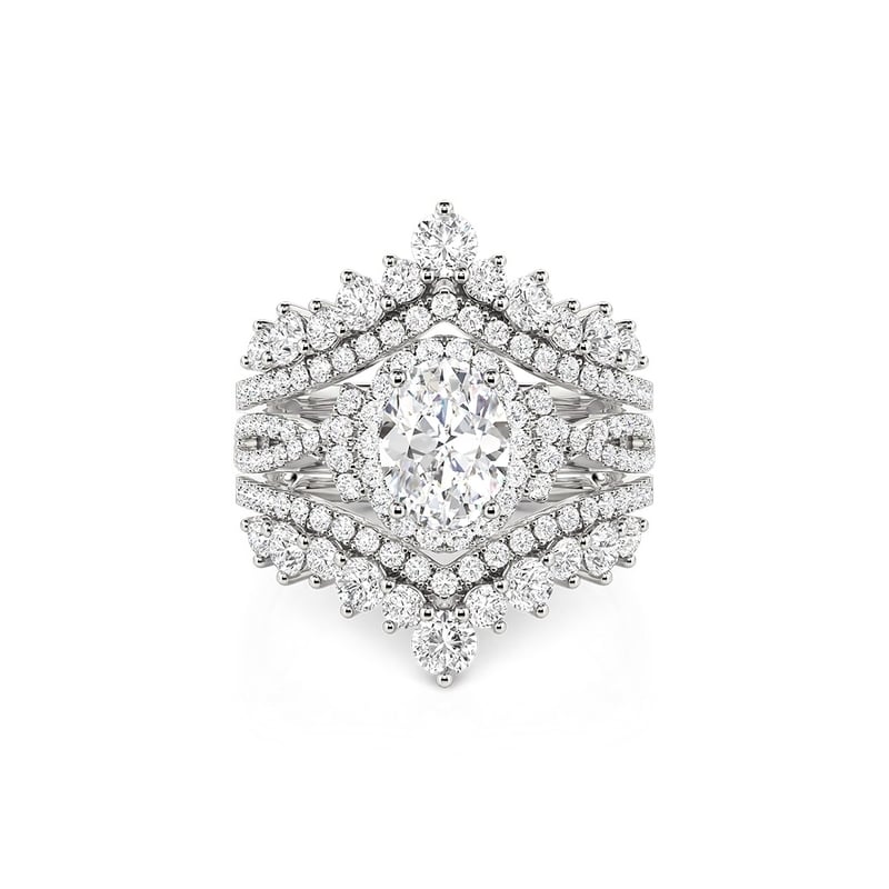 Jeulia Juego de Anillos de Novia Oval Halo Trenzado con Realce en Forma de V