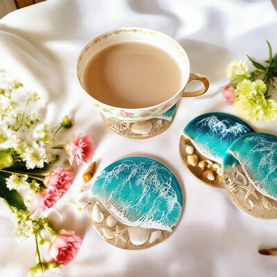 Reslol Alluring Ocean Wave, Shell & Starfish Round Coasters
