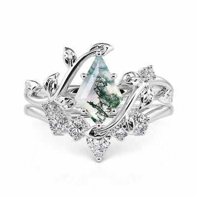 Jeulia Leaf Wrap Moss Agate Ring Set  Sterling Silver