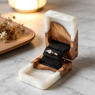 Luxe Slim Reslol Flip Epoxy & Wood Rectangular Engagement Ring Box - Gift for Her