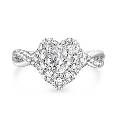 Jeulia Twist Design Halo Heart Engagement Ring Sterling Silver