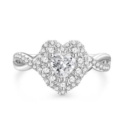 Jeulia Anillo de Compromiso Personalizado Halo con Diseño de Torsión y Corazón en Plata Esterlina