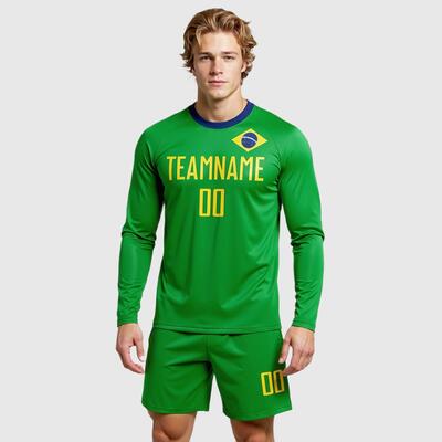 Custom Neon Green Gold-Royal Sublimation Brazilian Flag Soccer Uniform Jersey Long Sleeve