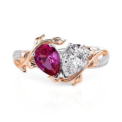 Jeulia Custom Two Birthstone Bypass Ring with Floral Vine