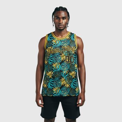 Custom Black Black-Gold 3D Pattern Tropical Hawaii Plants Authentic Basketball Jersey