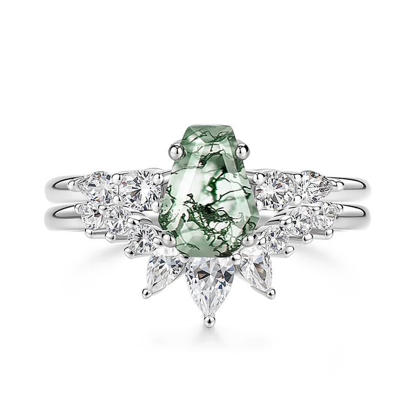 Jeulia Coffin Cut Moss Agate Bridal Set 2PCS Sterling Silver